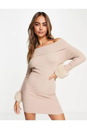 Miss Selfridge Fold over knit rib bardot mini dress with faux fur cuff in camel
