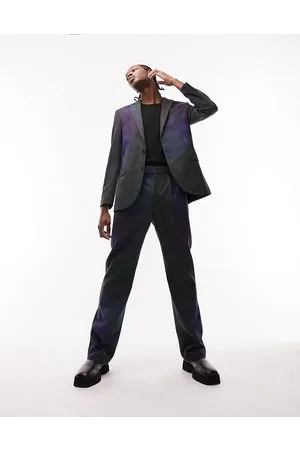 Topman Premium Limited Edition wide leg with pleats printed wool mix spacedye suit trousers in blue