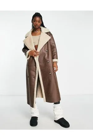 Stradivarius STR maxi faux leather aviator coat with contrast borg lining in