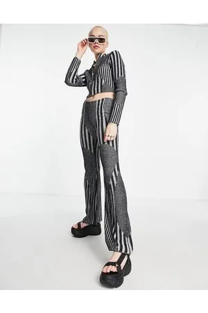 The Ragged Priest Knitted mixed stripe flared trouser co-ord in grey