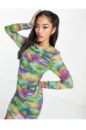 Pieces Ruched mesh mini dress in mixed space dye