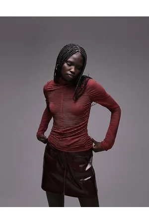 Topshop Textured ruched long sleeve top in burgundy