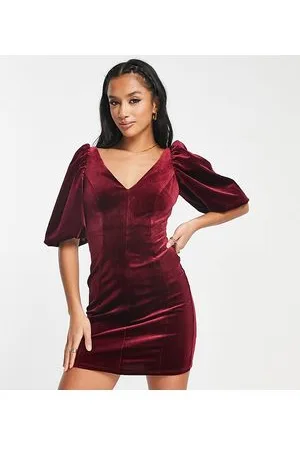 River Island Velvet plunge mini dress with puff sleeves in deep red