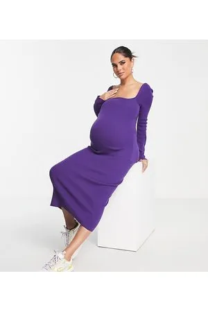 The Frolic Ribbed curved neckline midi dress in deep