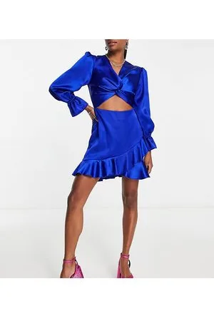 Flounce London Satin balloon sleeve mini dress with cut out and ruffle detail in