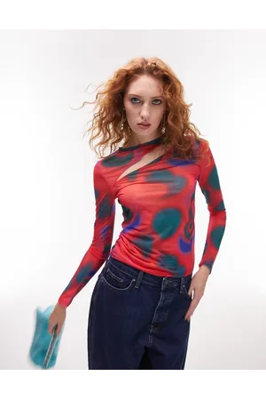 Topshop Printed high neck cut out shoulder long sleeve top in