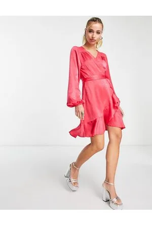 Flounce London Satin wrap front mini dress with balloon sleeve in fuschia