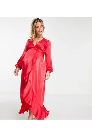 Flounce London Satin long sleeve wrap maxi dress in
