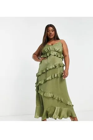 Flounce London Satin all over ruffle cami maxi dress in khaki