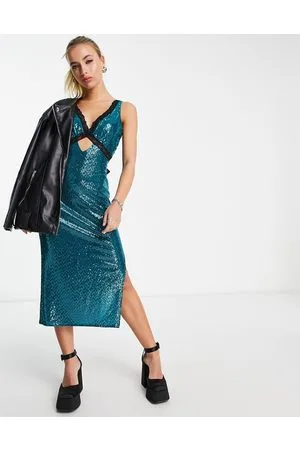 Flounce London Midi metallic sparkle dress with contrasting lace trim