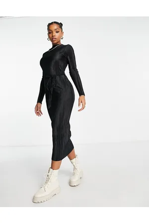 New Look Long sleeve plisse midi dress with belt in