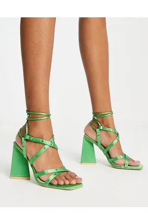 Raid Elinora block heel sandals with stud embellishment in green satin