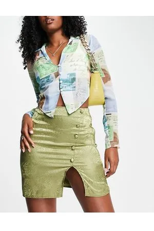 Flounce London Satin button up satin mini skirt in khaki jacquard co-ord