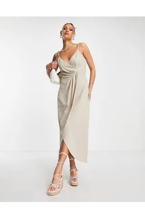 Flounce London Satin wrap midi dress in beige