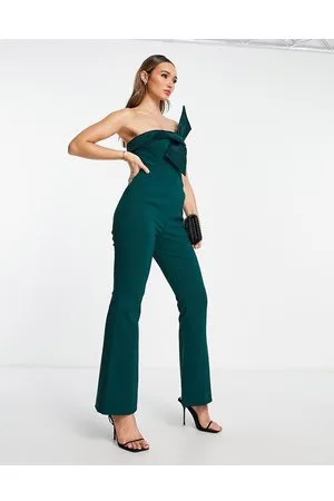 Lavish Alice Bandeau satin bow detail jumpsuit in emerald
