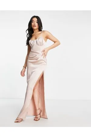First Distraction The Label satin ruched maxi dress with thigh split in stone