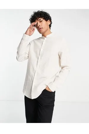ASOS Regular fit smart linen shirt with mandarin collar in ecru