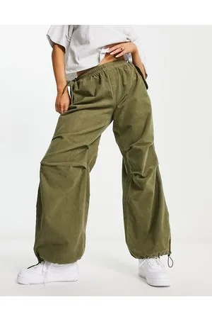 Bershka Corduroy parachute pants in khaki