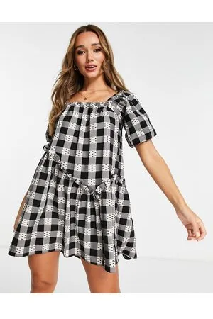 Topshop Check dobby chuck on mini dress in mono