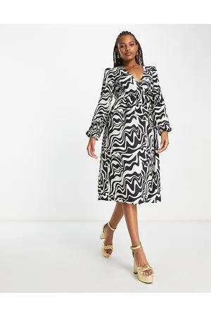 Monki Abstract print puff sleeve midi dress in