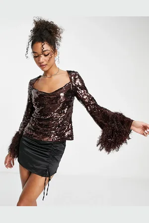 ASOS Embellished long sleeve top with feather cuff & cowl neck detail in chocolate
