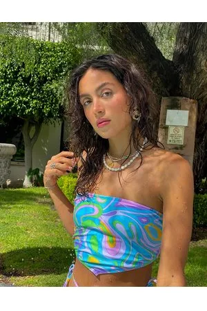 Noisy May Bandeau lace up back bikini top in blue swirl print