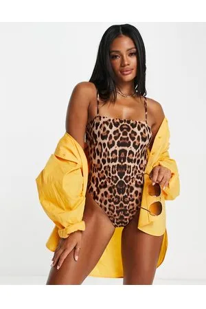 NA-KD Square neck strappy swimsuit in leopard print