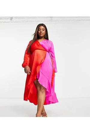 Flounce London Satin balloon sleeve ruffle midi dress in contrast and red