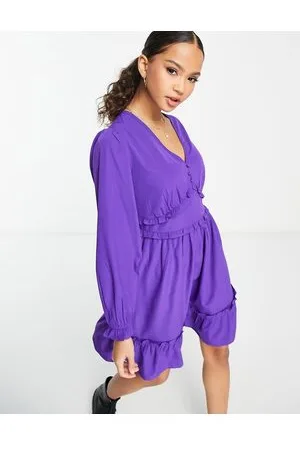 New Look Button frill mini dress with shirred long sleeves in
