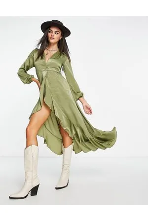 Flounce London Satin long sleeve wrap midi dress in khaki