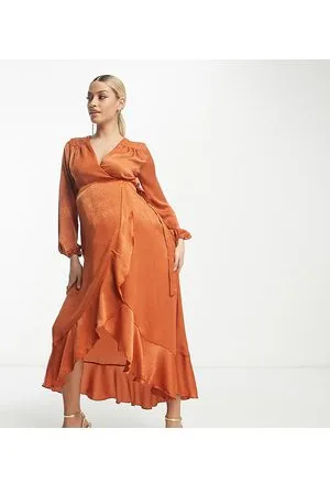 Flounce London Long sleeve satin wrap maxi dress in cinnamon