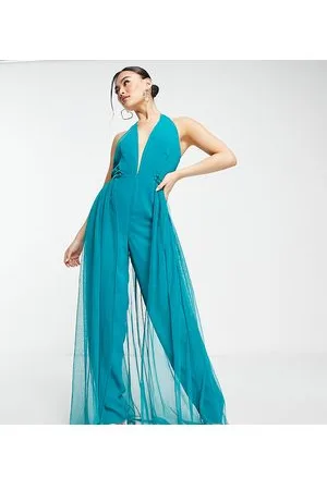 Starlet Exclusive plunge jumpsuit with tulle overlay in emerald