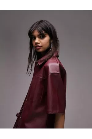 Topshop Co ord faux leather short sleeve shirt in burgundy