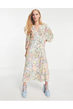Twisted Wunder Balloon sleeve midi dress in pastel swirl print