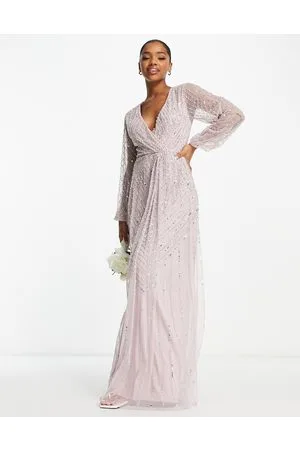 Frock and Frill Bridesmaid plunge front maxi with embellishment in dusty mauve