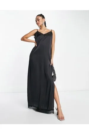 JDY Lace detail satin maxi dress with side slit in