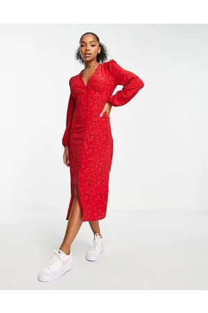 Glamorous Balloon sleeve v neck midi dress in ditsy