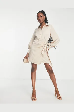 In The Style X Terrie Mcevoy button through wrap detail shirt dress in stone