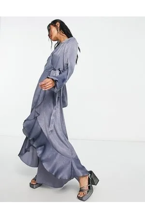 Flounce London Satin long sleeve wrap midi dress in charcoal