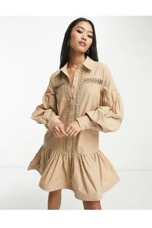 In The Style Lace insert shirt dress with peplum hem in stone