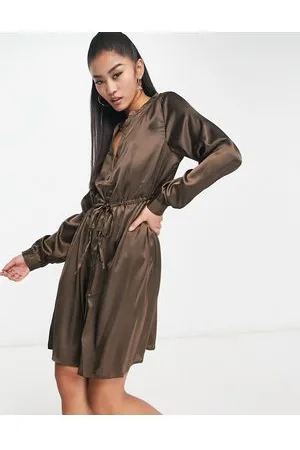 JDY Klara satin dress in chocolate