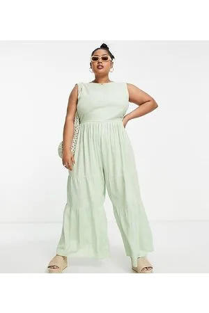 ASOS ASOS DESIGN Curve linen smock tie back jumpsuit in sage