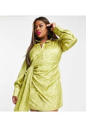 In The Style X Perrie Sian mini shirt dress with wrap detail in chartreuse animal print