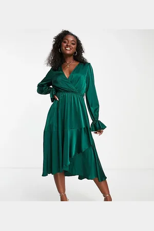 In The Style Exclusive satin wrap detail midi dress in emerald