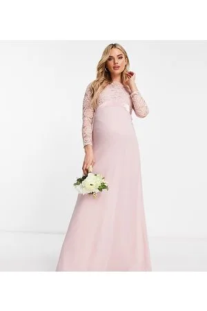 TFNC Bridesmaids chiffon maxi dress with lace scalloped back and long sleeves in mauve