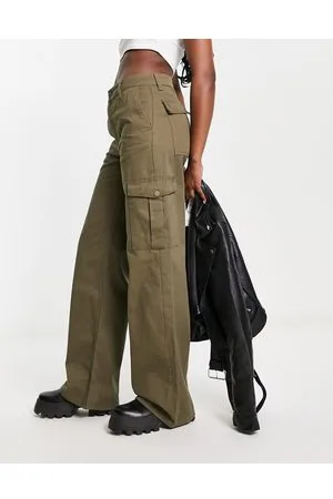 Pull&Bear High waisted wide leg cargo trousers in khaki