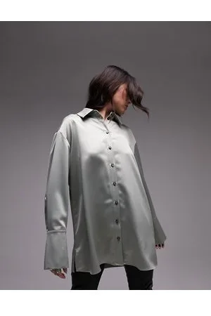 Topshop Long sleeve satin shirt in light khaki