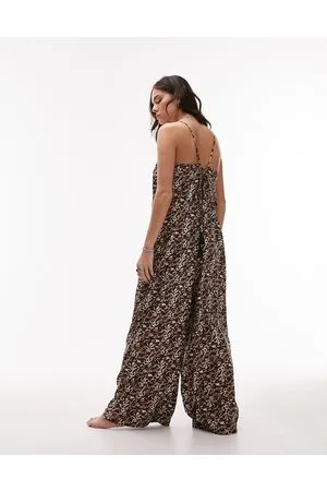 Topshop Animal print satin beach jumpsuit in