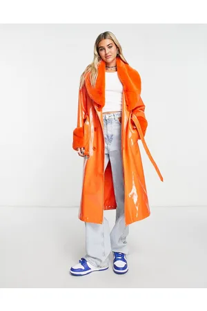 Urban Code Urban Code longline pu trench coat with faux fur collar in bright