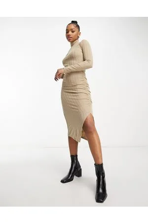 JDY Roll neck ribbed side split midi dress in beige